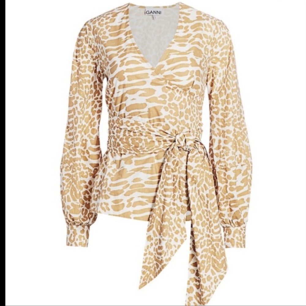 NWT GANNI Printed Puff Sleeve Poplin Wrap Top size 38